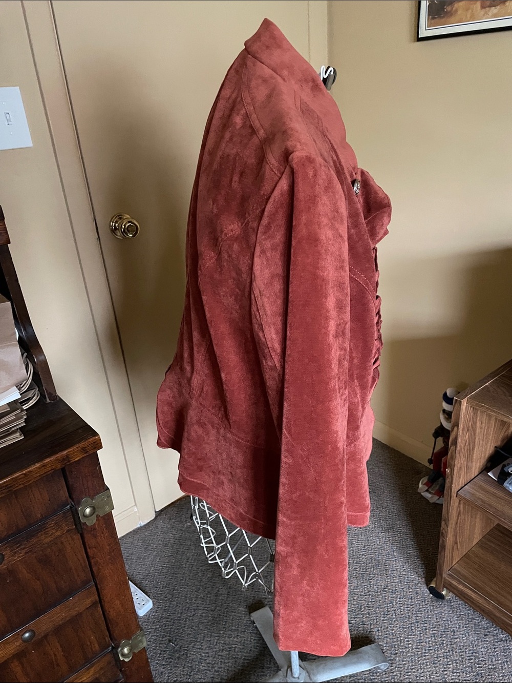 Double Breasted Suede Look Rust Color Ruffled Jacket - Picture 3 of 14